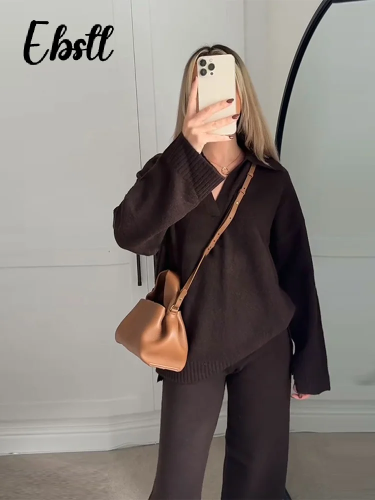 Lapela de malha pulôver calças terno feminino sólido com decote em v manga cheia blusas perna larga calças compridas 2025 outono nova senhora outfits