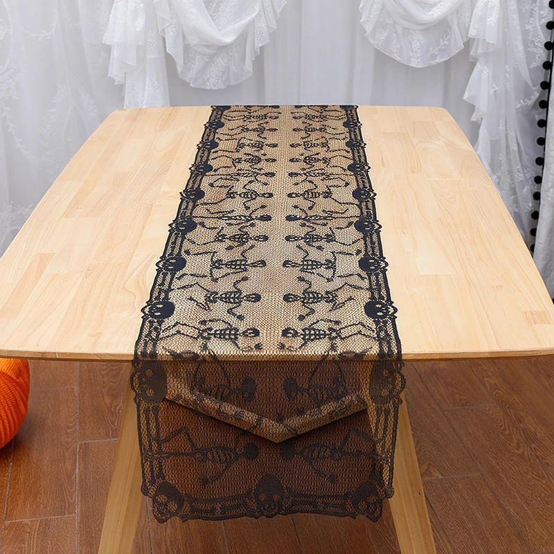 مفرش طاولة دانتيل للهالوين مفرش طاولة شبكي عنكبوت أسود غطاء مدفأة ديكور الهالوين 2024 غطاء قماش للحفلات المنزلية #4