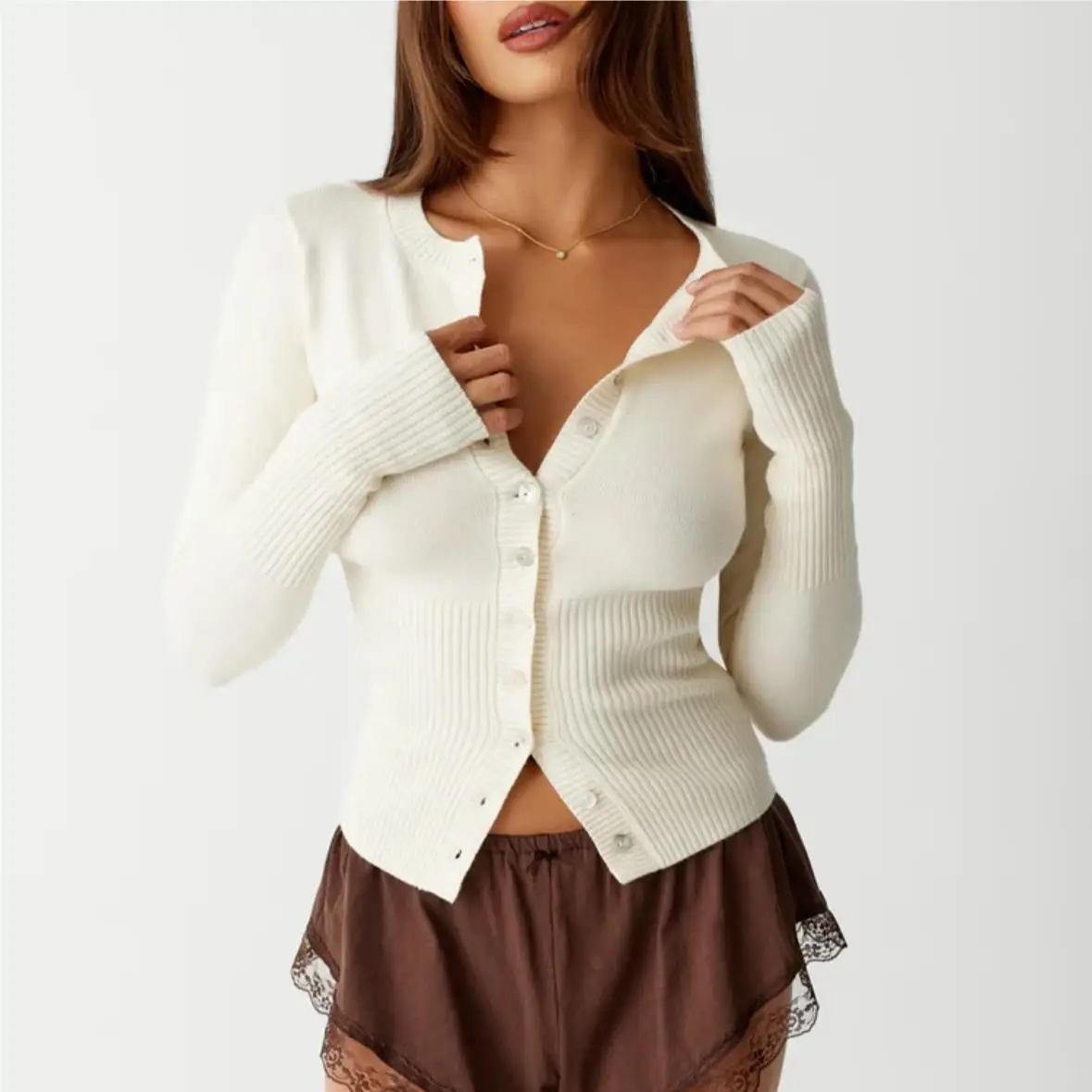 Sexy cardigans women Fall korean fashion vintage clothes cropped sweaters women long sleeve top knitted button up cardigan brown