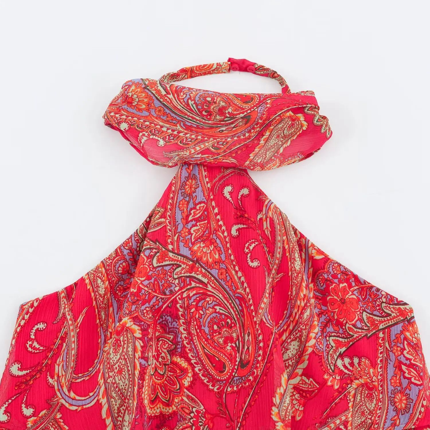 TFMLN Damenrock Zweiteiler-Set, Neckholder-Top mit Rüschen, Hochtaillierter Midirock mit Gürtel, Sommeranzug mit Paisley-Print – Detail 5