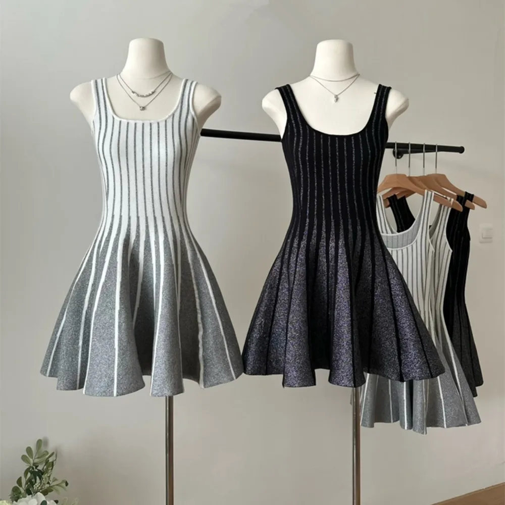 

Colorblock Sexy Slimming Mini Dresses For Women Square Collar Sleeveless High Waist Minimalist A Line Dress Female Fashion