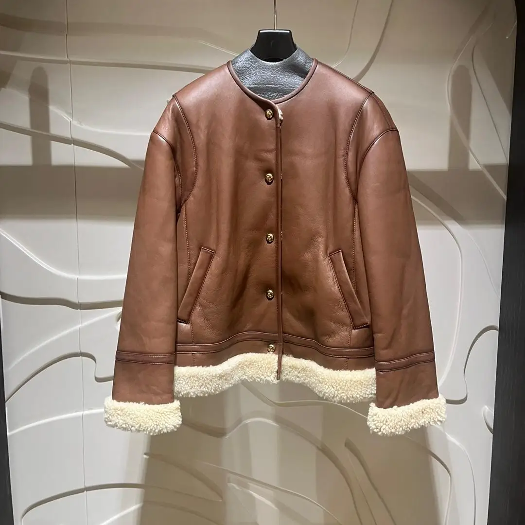 Winter vrouwen Lam Bont Jaet PU Leer eapenvacht Jas Collarl Een Stuk Nep Bont Bovenkleding ort Top 2024