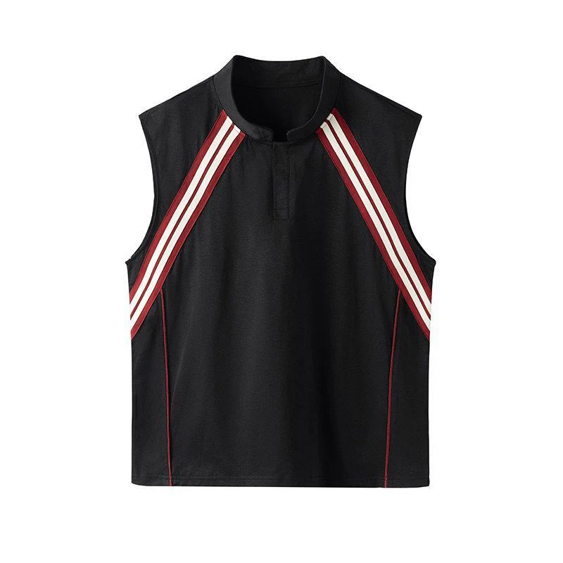 Summer Men American Striped Henley Vest Outerwear Contrast Stitching Sleeveless T Shirt Streetwear Loose Sports Tank New Tops