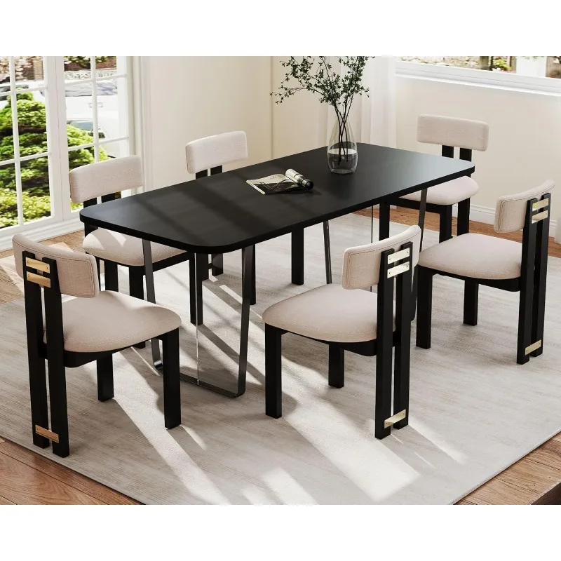 

Набор из 6 льняных обеденных стульев для фермерского дома, кухонный стул для столовой с бежевой тканевой обивкой и черным деревянным каркасом и изогнутым