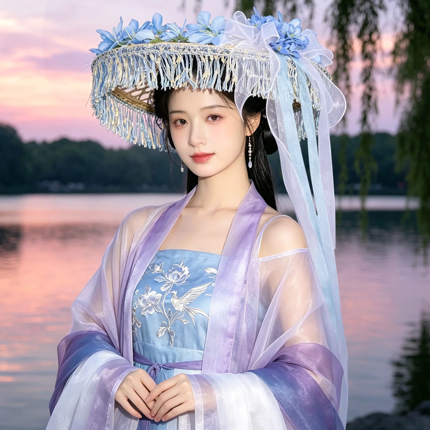 Pink Flower Bamboo Hat Women Hanfu Accessories Display White Antique Sunscreen Veil Bamboo Hat Curtain Cosplay Head Umbrella