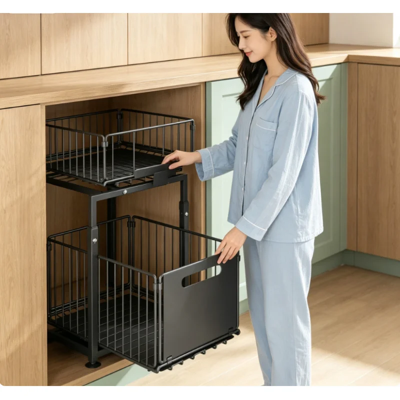 

Kitchen Under Sink Multi-level Storage Shelf Double Layer Pull Out Basket Spice Snack Bottle Can Organizer Rack