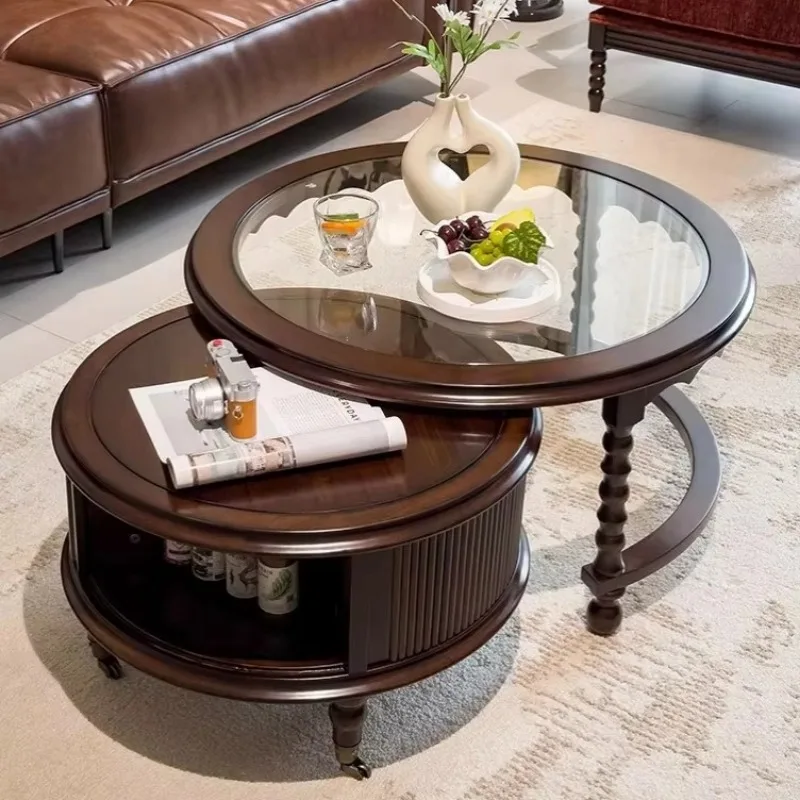 2‑in‑1 Nested Round Coffee Table Set, Mid‑Century Solid Wood Glass‑Top Storage Tea Table for Living Room Home Furniture