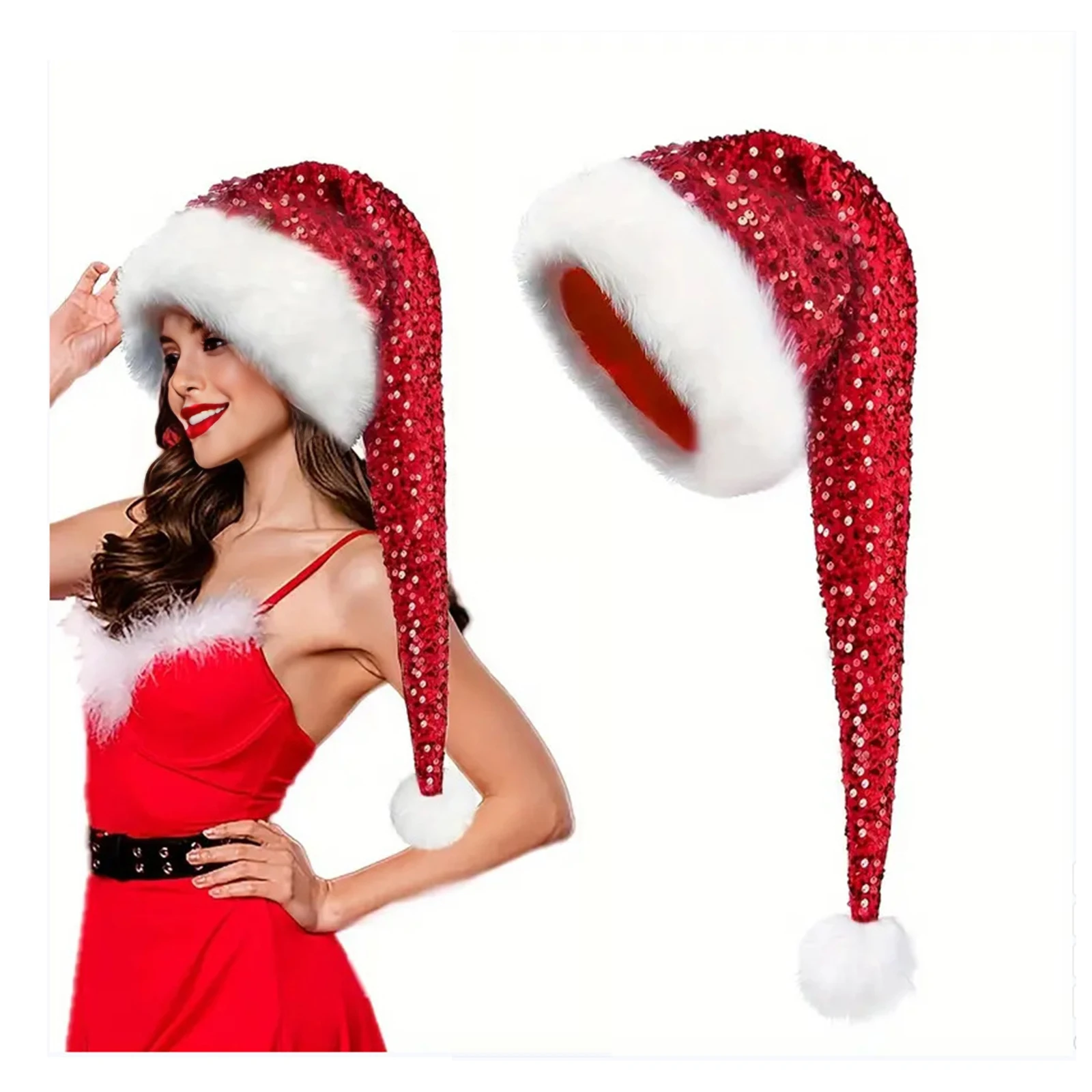 หมวกซานต้าน่ารักพร้อมลูกบอลขนปุยและรายละเอียดประกายระยิบระยับ หมวกคริสต์มาสแบบยูนิเซ็กซ์ อุปกรณ์เสริมสำหรับสวมศีรษะสำหรับงานธีมคริสต์มาส
