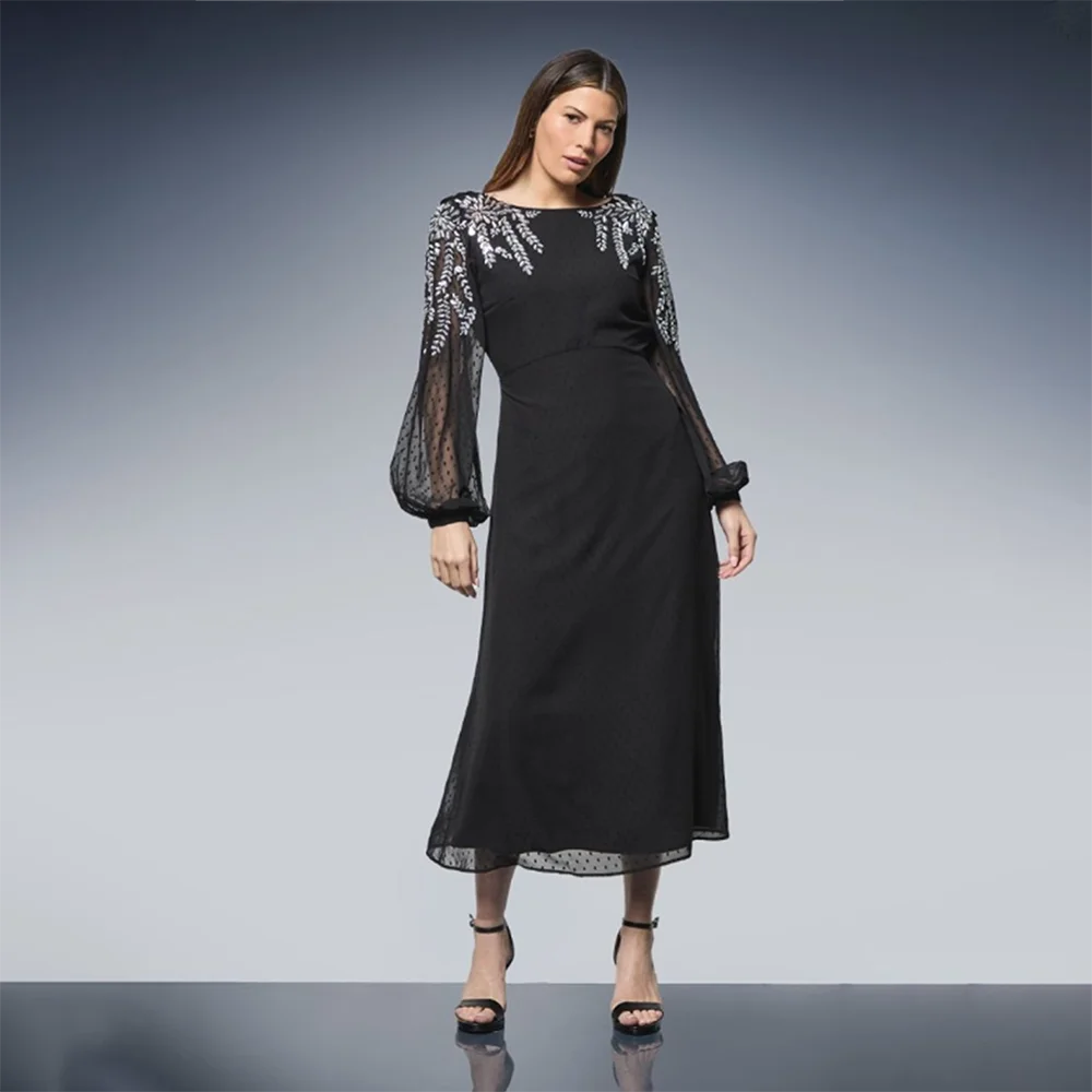 

Women's Formal Evening Gowns Elegant Boat Neck Long Sleeve Applique Evening Dress Straight Formal Party Cocktail Gowns For Gala