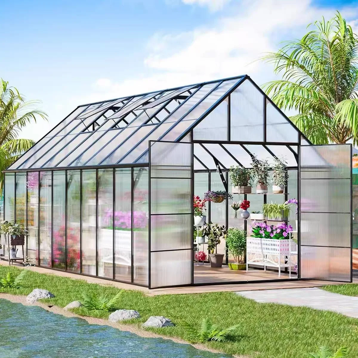 Greenhouse with Hygrometer, Plant Gardening Green Houses for Outside Heavy Duty Polycarbonate Aluminum Large Walk-in Greenhouse
