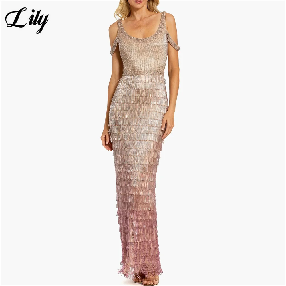 Lily Champagne Dusty Pink Party Dress Ombre Fringe Evening Dress Tiered Mermaid Formal Gown Off Shoulder Prom Gown Customized