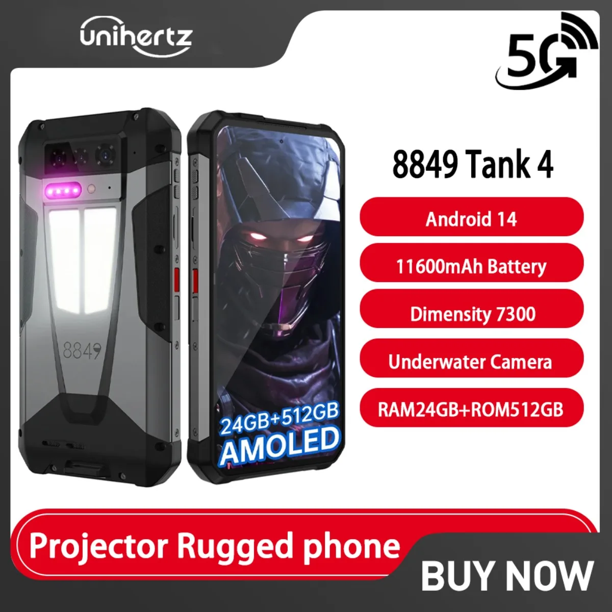 Unihertz 8849 Tank 4 5G Phone Built-in 720P Projector IR Blaster 11600mAh 24GB 512GB 6.78