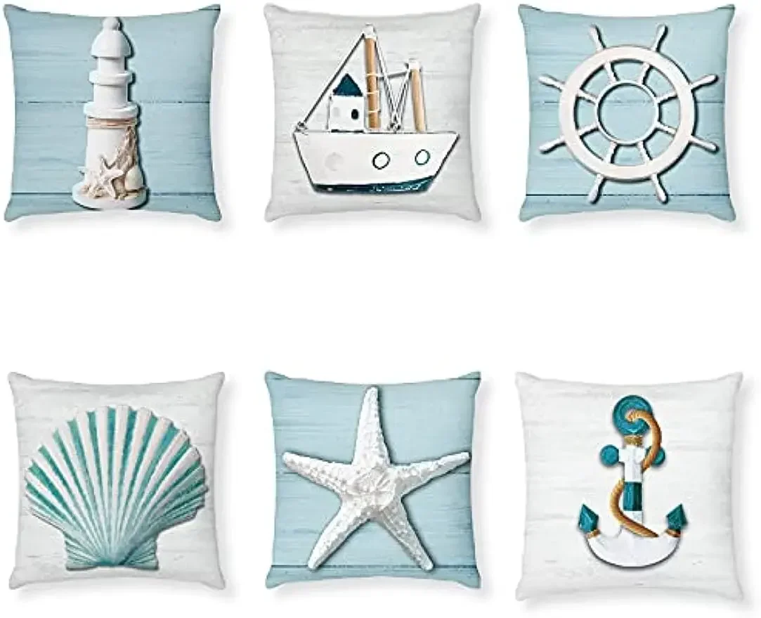 Ocean Theme Pillowcase 45 X45cm Short Plush Cushion Cover Decorative Pillowcase with Nautical Sail Lighthouse Sea Sail Home