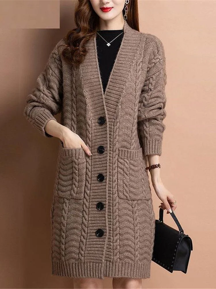 

2022 Korean New Women Autumn Long Sleeve Loose Fashion V Neck Elegant Knitted Sweater Cardigans Basic Causal Coat Tops ZY7150