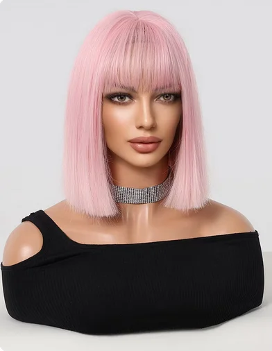 Perucas sintéticas rosa com franja curto bob peruca reta para mulheres menina festa cosplay peruca resistente ao calor peruca de fibra rosa