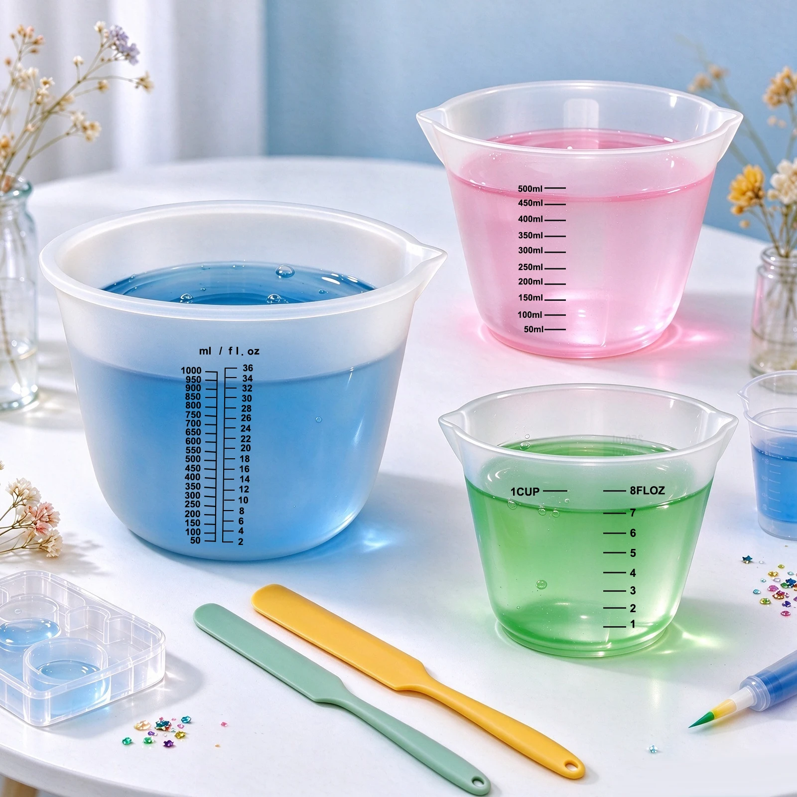 Large Silicone Measuring Cups, 2000ml 1000ml 600ml 500ml 250ml Resin Mixing Cups for Epoxy with 1Pcs Silicone Stir Stick