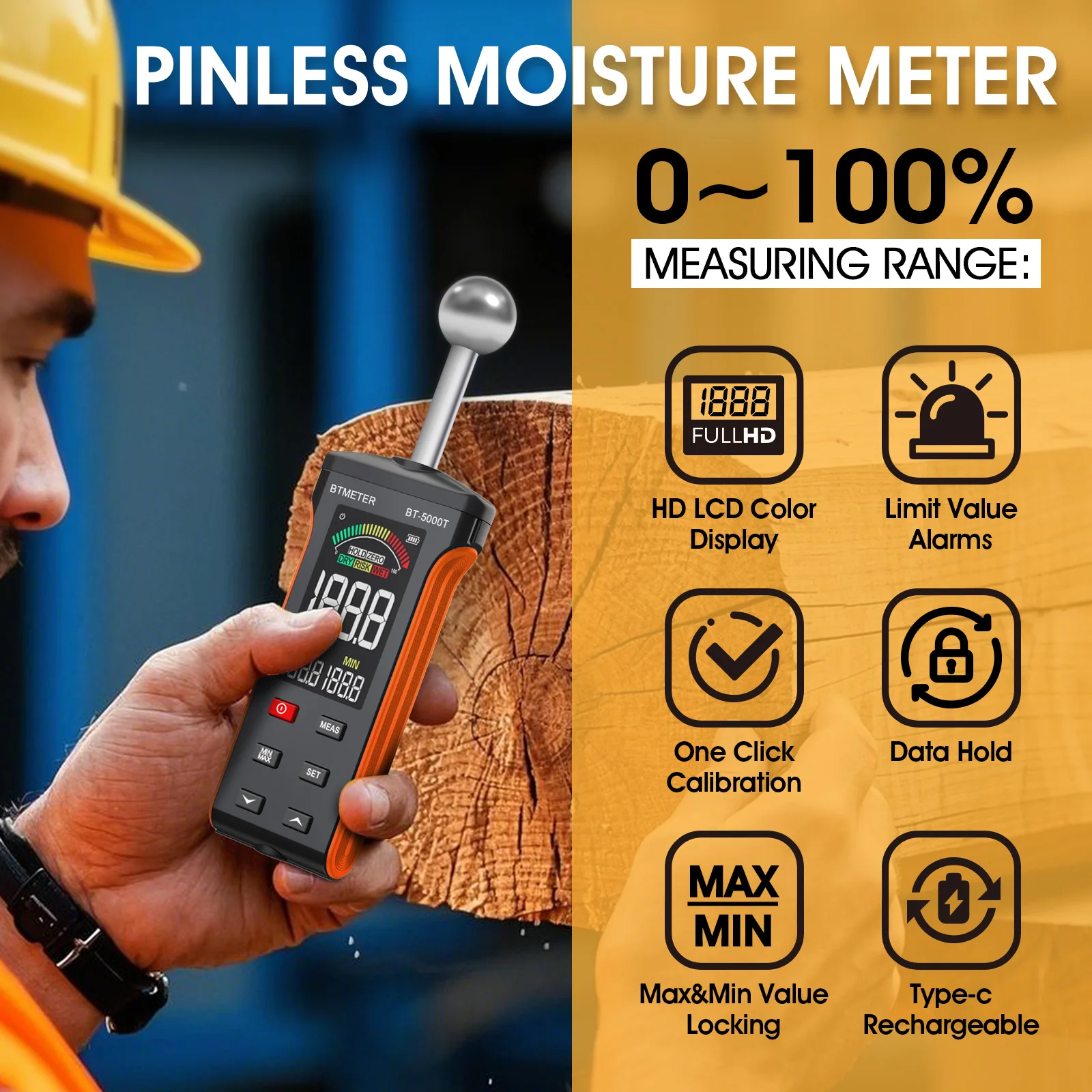 

BT-5000T High-Precision Wood Moisture Meter - Non-Destructive Detection for Walls, Wood & Concrete, with LCD & Alarm