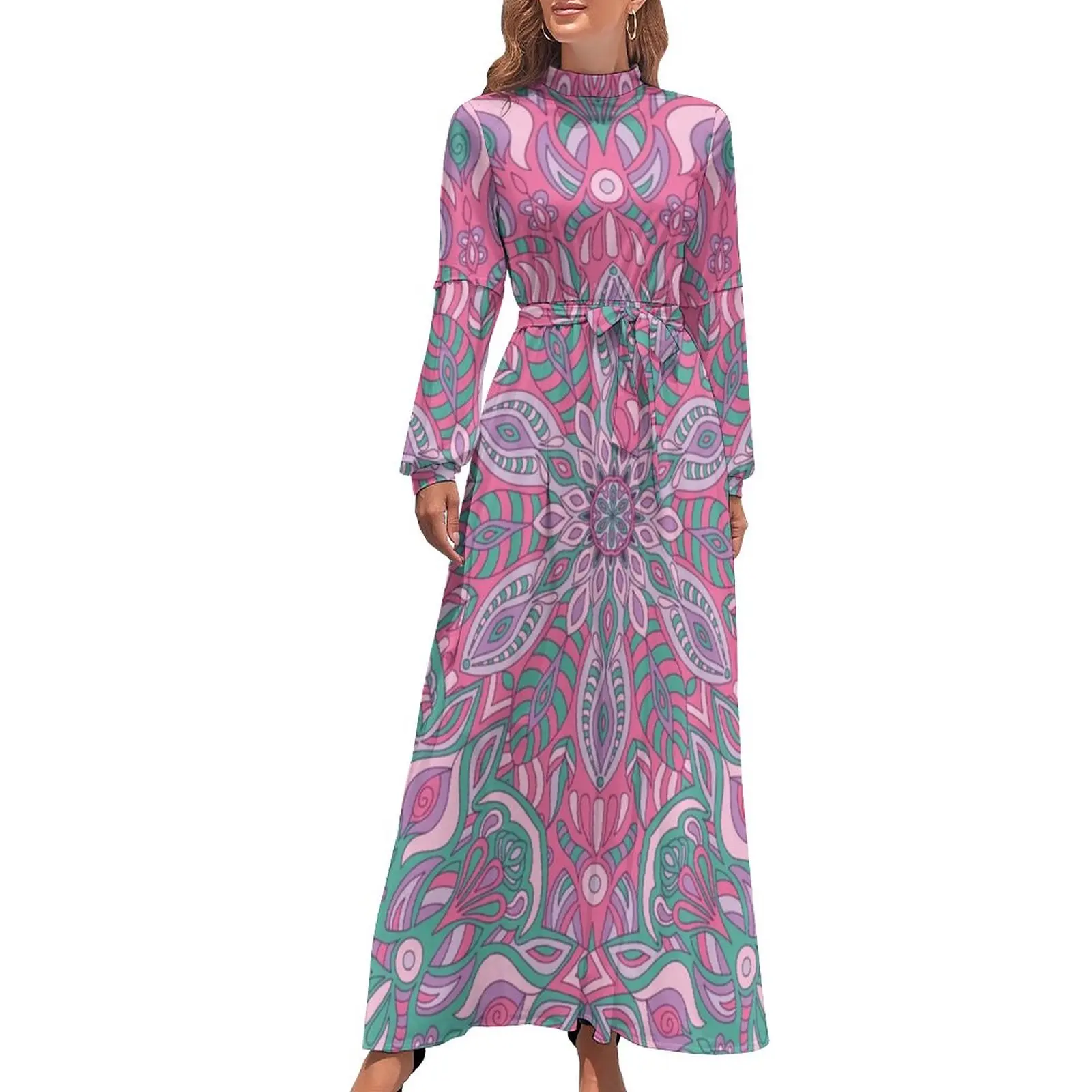 

Retro Bohemia Print Dress Pink Mandala Sexy Graphic Maxi Dress High Waist Long Sleeve Street Style Beach Long Dresses