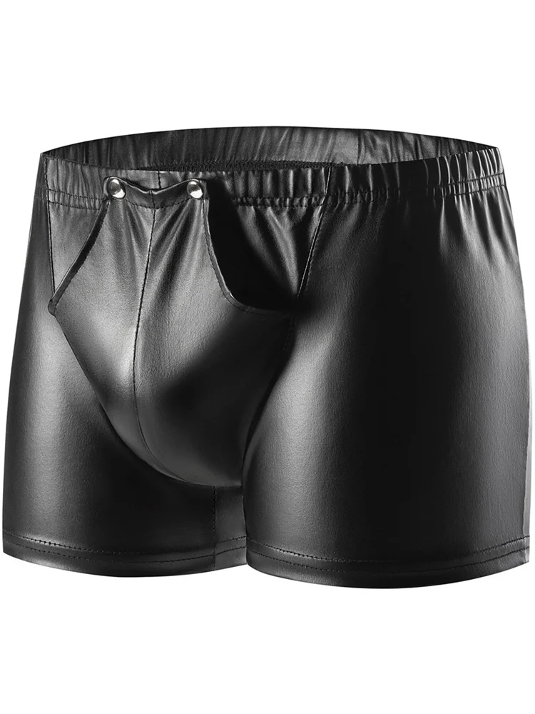 S-5XL Shiny Faux PU Leather Convex Pouch Boxer Short Zipper Back Crotch Boxers Calzoncillos Trunks Tight Pantes Ropa Boxershorts