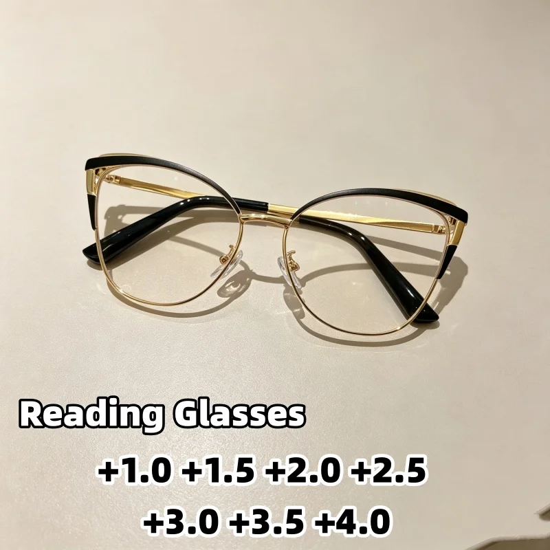 Exquisite Cat Eye Reading Glasses for Unisex Metal Frame Contrast Color Temple Presbyopia Eyewear +1.0 To +4.0 Daily Spectacles