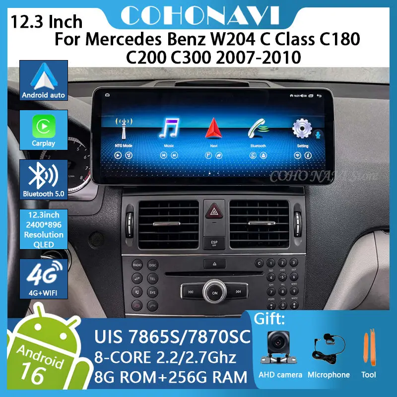 12.3 inch Android 16 QLED Screen  For Mercedes Benz W204 C Class C180 C200 C300 2007-2010 Car Radio Wireless Carplay 7870SC 4G