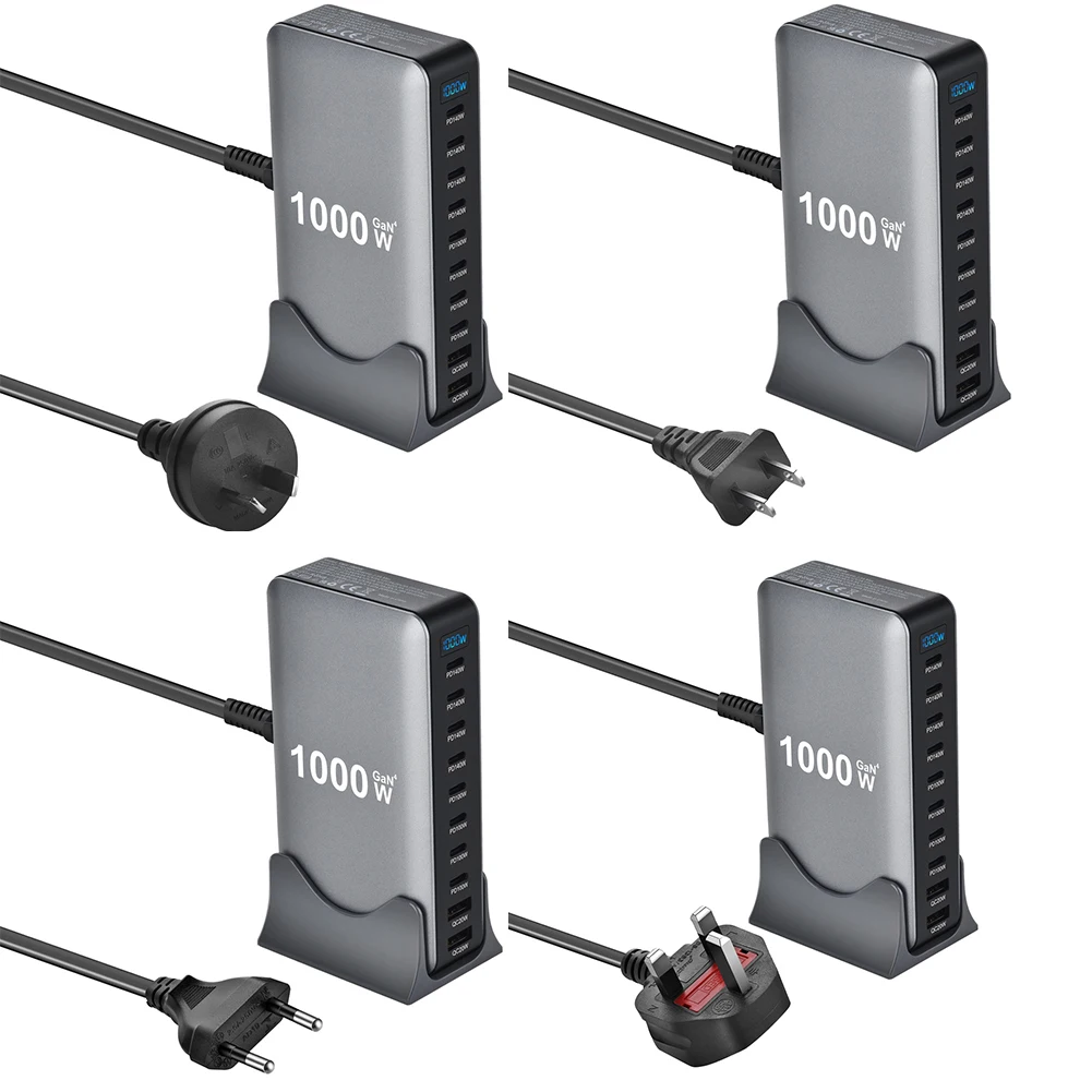 1000W For GaN USB C Desktop Charger Dock Power-Up 140W Per 10 Port Fast Charging Station Adapter For Mobile And Tablets
