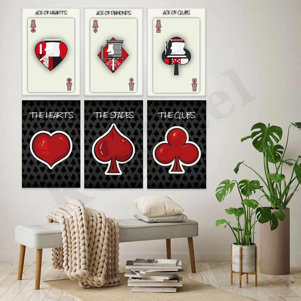 أوراق اللعب. البستوني. قلوب. الماس. الآس من النوادي. النوادي. غرفة اللعب. فن الديكور المنزلي. ملصق معرض منتصف القرن #4