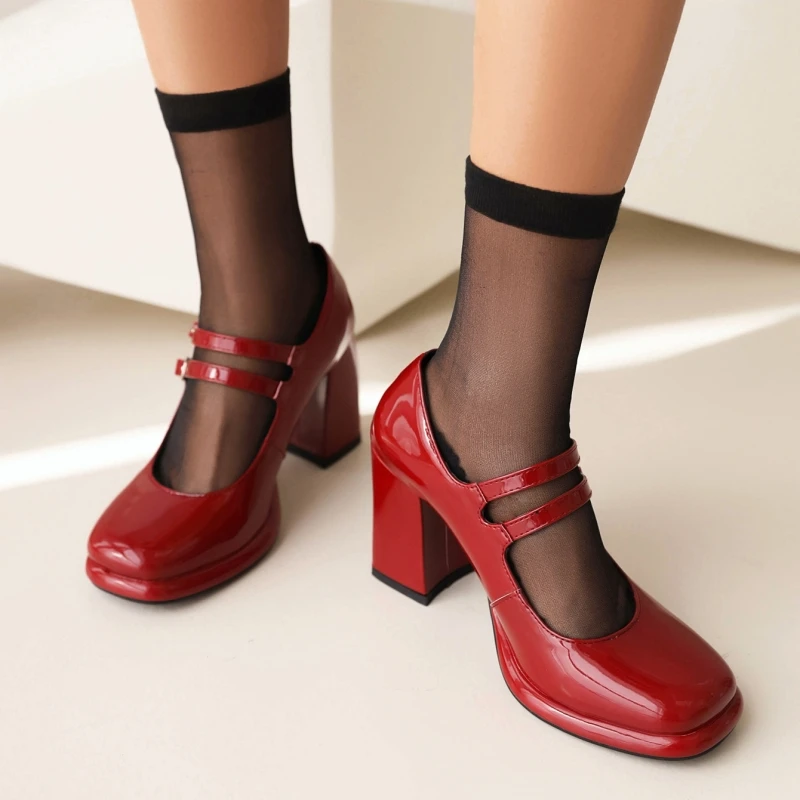 Women\'s Block High Heels Mary Janes Shoes 2025 Strap Dress Pumps Black White Block Heeled Wedding Office Shoes Female Large Size