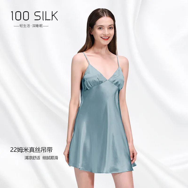 New 22 Mmi 100% Mulberry Silk Loungewear Women's Suspender Sexy Sling Dress  Women's Loose Heavy Silk Nightdress
