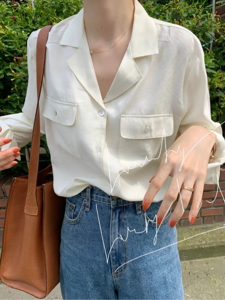 

Chic Vintage Collar irt Women's Loose Casual Versatile Top Double ket Design Simple Sle Long Sve Pure Color Autumn