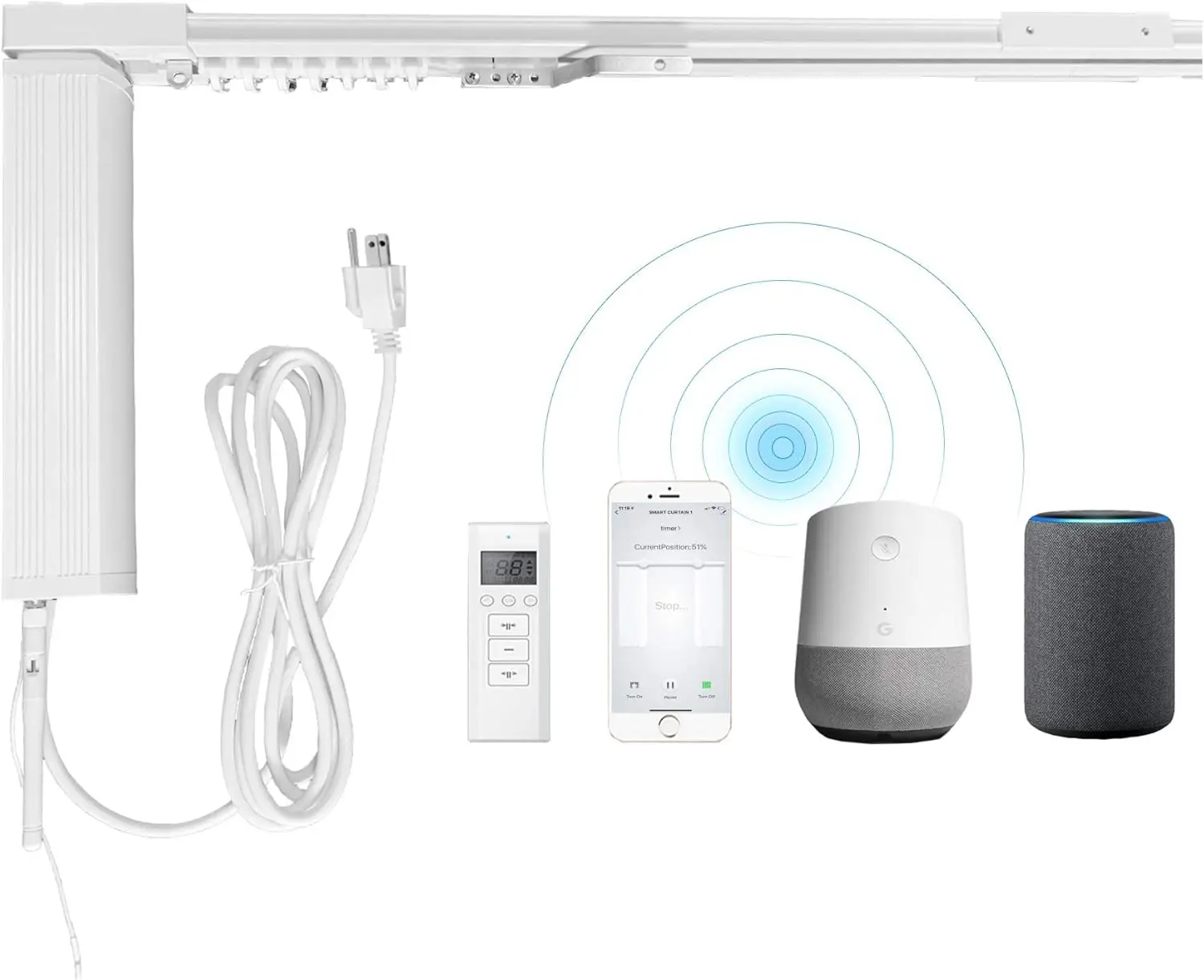 

Электрический карниз для штор с Wi-Fi управлением, совместимый со смарт-ассистентами, регулируемая длина 20 футов