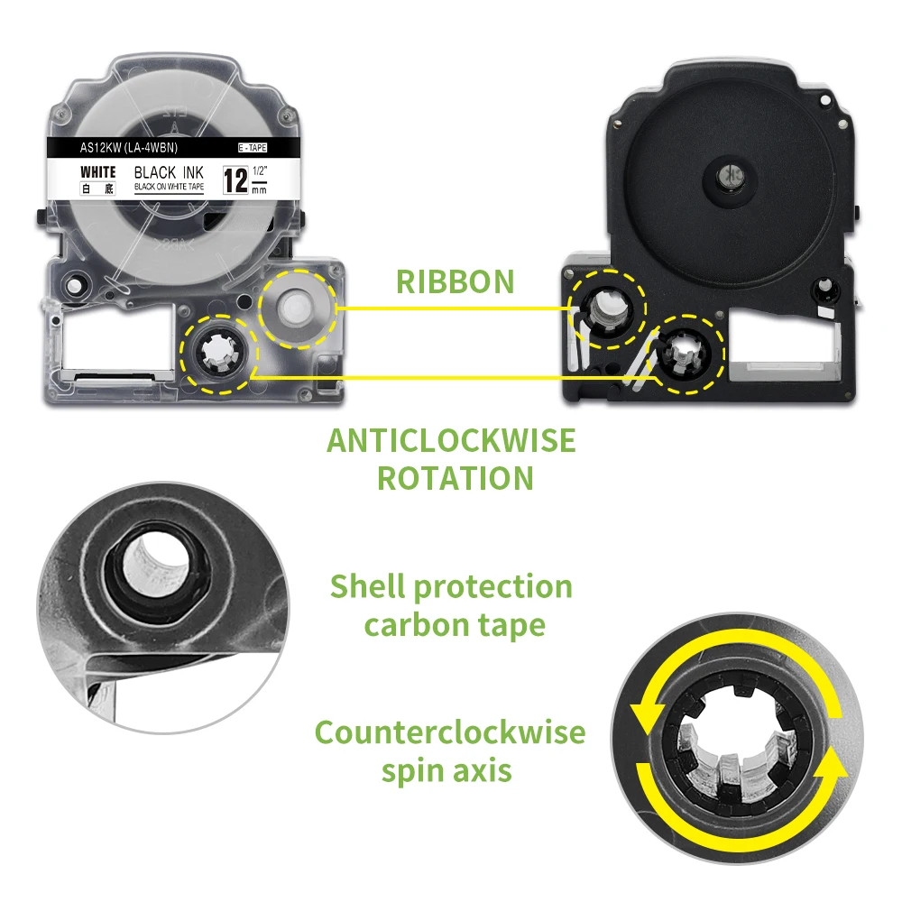 Fita cassete compatível para Epson, impressora de etiquetas, compatível com LW-400, LW-300, LW-600P, LW-700, LC-4WBN9, SS12KW, SS18KW, 12mm, 18mm, 1