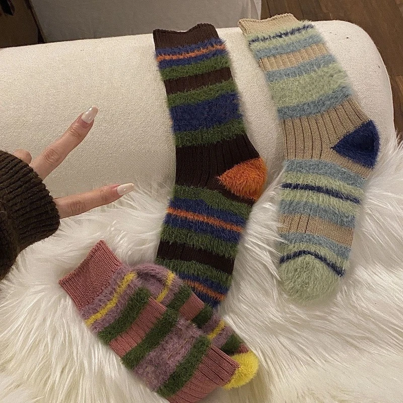 3 Pairs Autumn Winter Fashion Thick Striped Niche Color Blocked Furry Women's Socks Trend Sweet and Warm Women's Mid Tube Socks