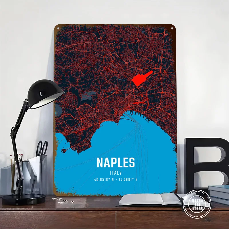 Naples City Map 3D Texture Printed Poster Custom Vintage Metal Tin Plate Sign for Wall Art Modern Home Decoration Ornaments Room