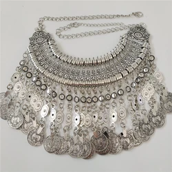 Indian Vintage Silver Plated Metal Coin Chain Tassel Choker Necklace Earrings Women Jewelry Sets Statement Large Collar Necklace