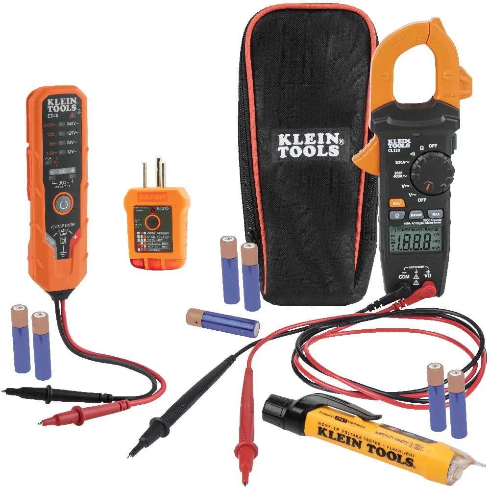 

Electrical Voltage Tester Kit with Clamp Meter, Multiple Testers, Leads, Storage Pouch, and Batteries Included