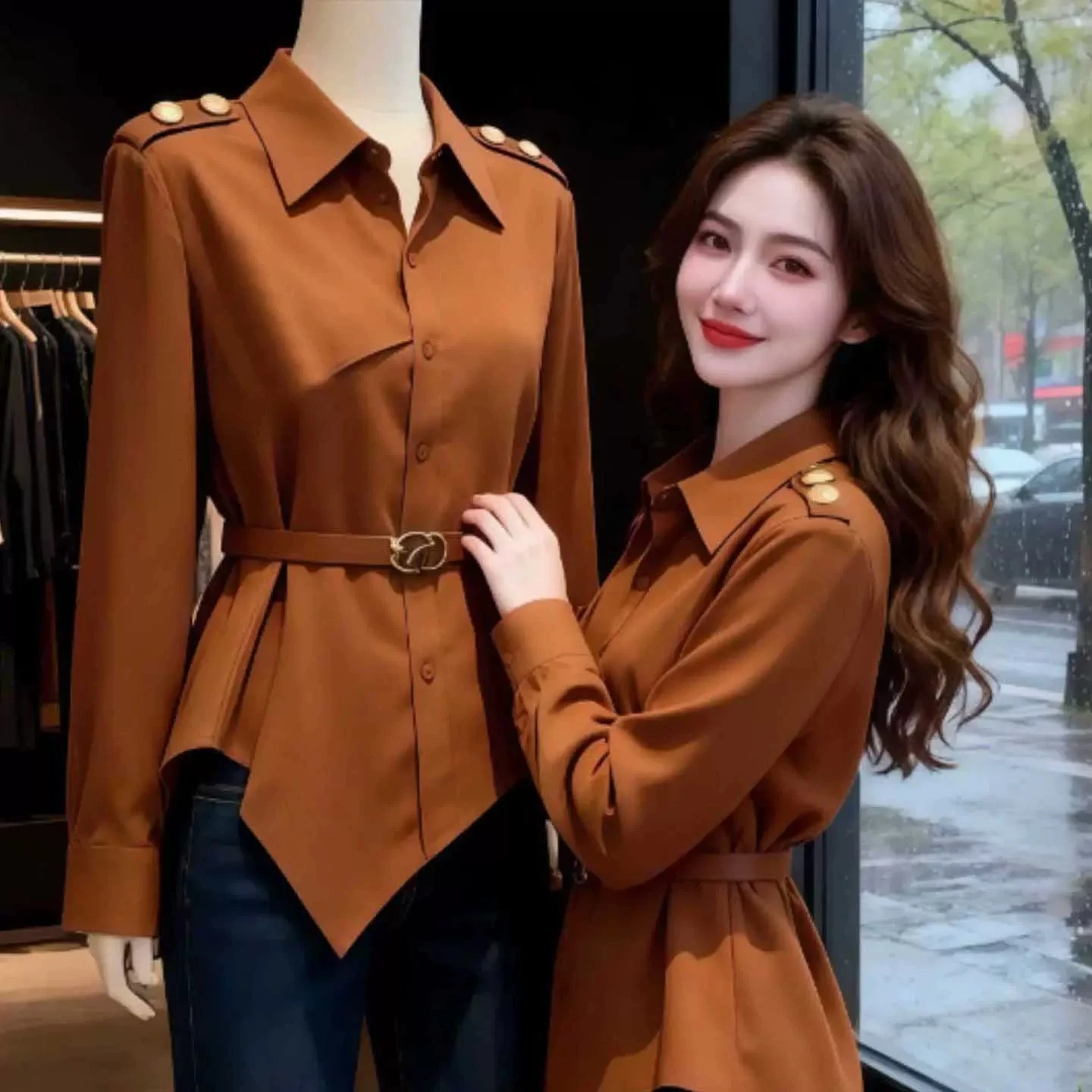 Blusa de mujer color camel con cinturón, nueva camisa elegante con cuello polo francés, top chic de manga larga con epaulettes y dobladillo asimétrico, camisa elegante para oficina.
