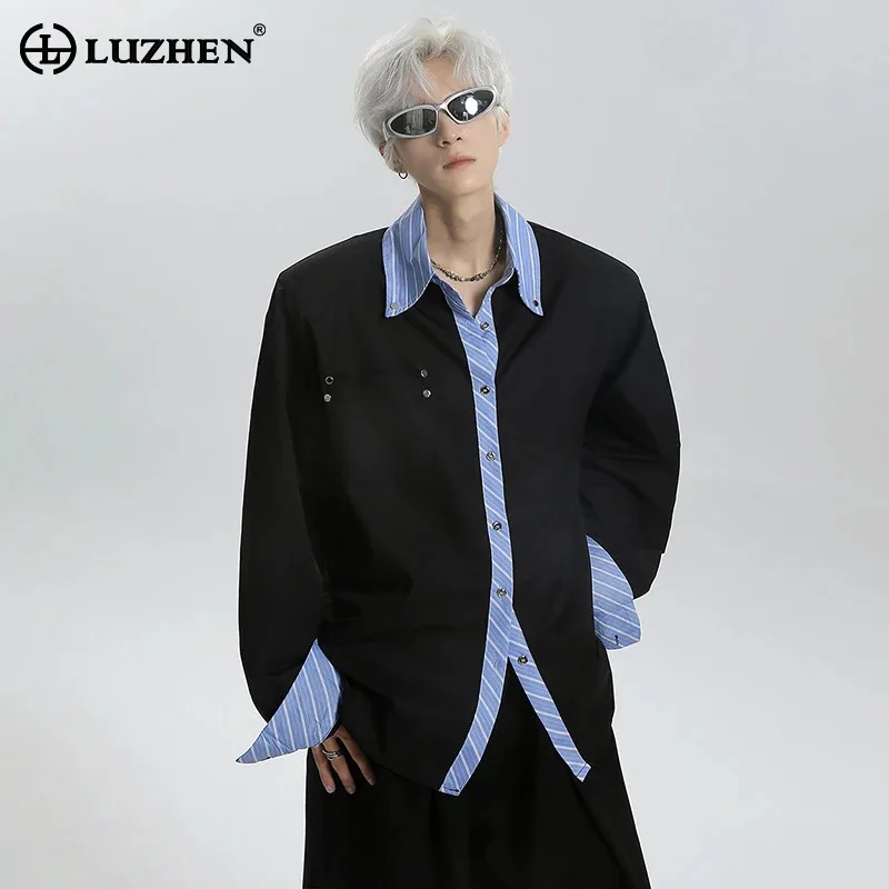 

LUZHEN Цветной контрастный край, искусственный дизайн из двух предметов, свободные рубашки, мужская мода, новинка 2025 года, красивые топы с длинными рукавами JY5866
