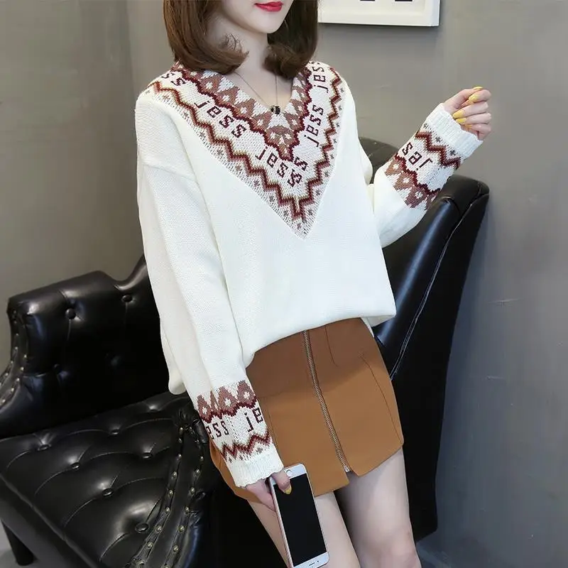 Elegant Fashion Spliced Long Sleeve Knitted Pullovers Women\'s Clothing Autumn Winter Casual Korean V-Neck Sweaters for Female