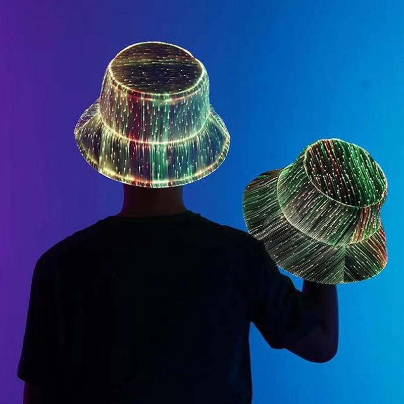 LED Fiber Optic Neon Fishermen Hat Luminous Changing Color Bucket Hat Nightclub Concert Bar Props Hiphop Dance Stage Show Decor