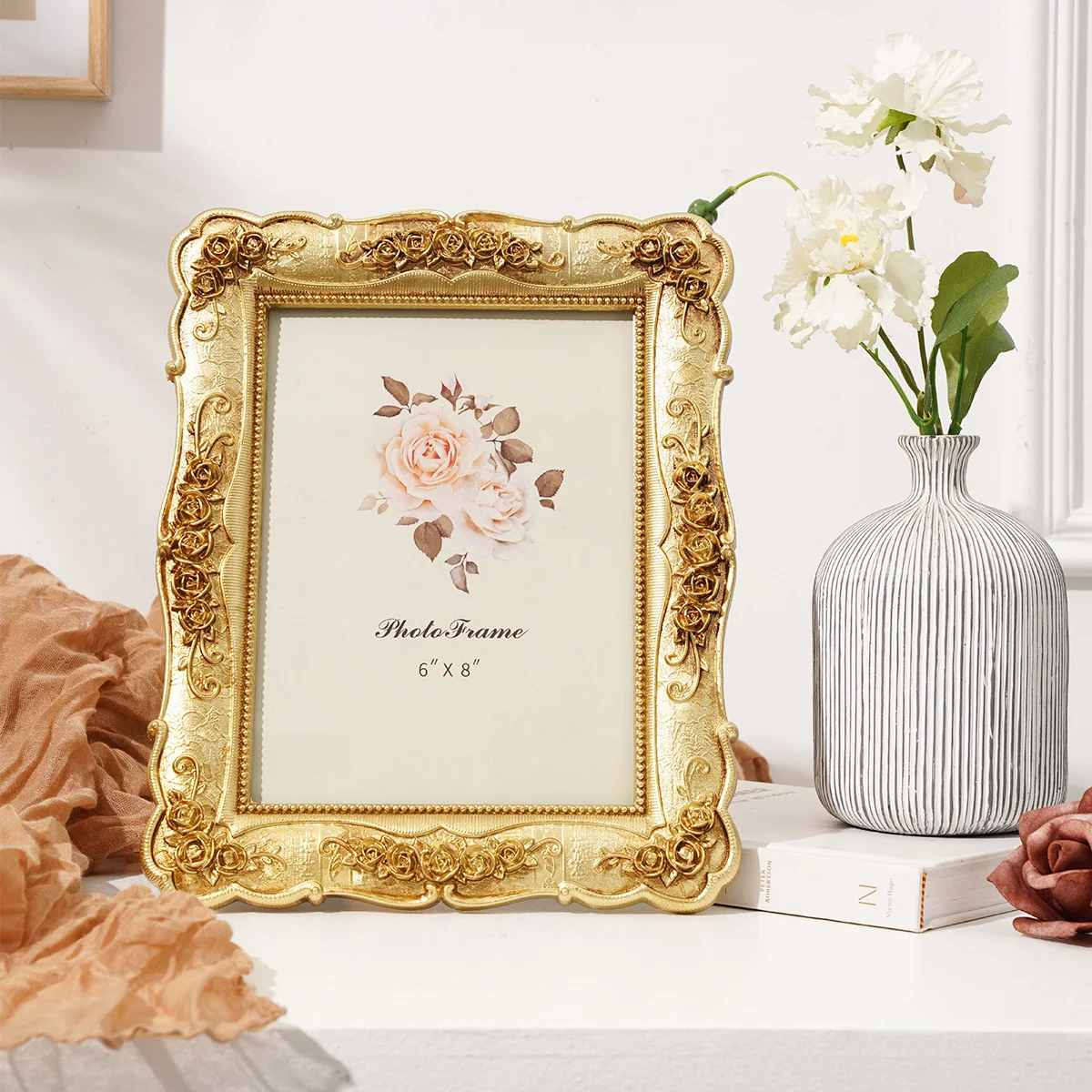 European-style Rectangular Golden Rose Relief Frame