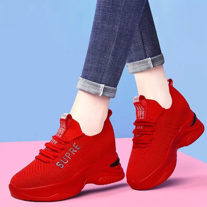 Women Shoes Mesh Breathable Wedge Heels Lace Up Height Increasing Comfortable Vulcanized Shoes Lightweight Autumn Women Sneakers