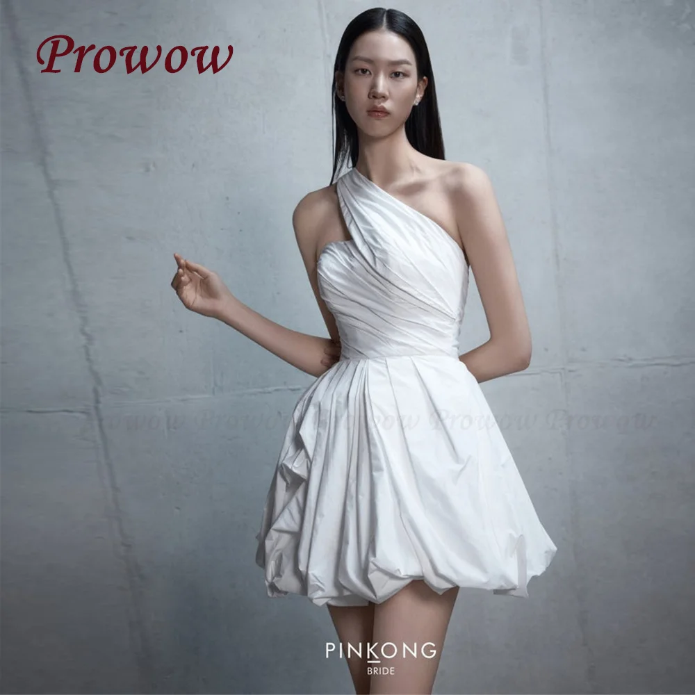 

Prowow Elegant Draped Taffeta Wedding Dress Above Knee Puffy Mini Bridal Gown Korea Photoshoot Customized 2025 Zip Back