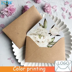 5pcs Printed lining and floral pattern envelope, wedding vministerial x card, vintage kraft paper, stationery ink