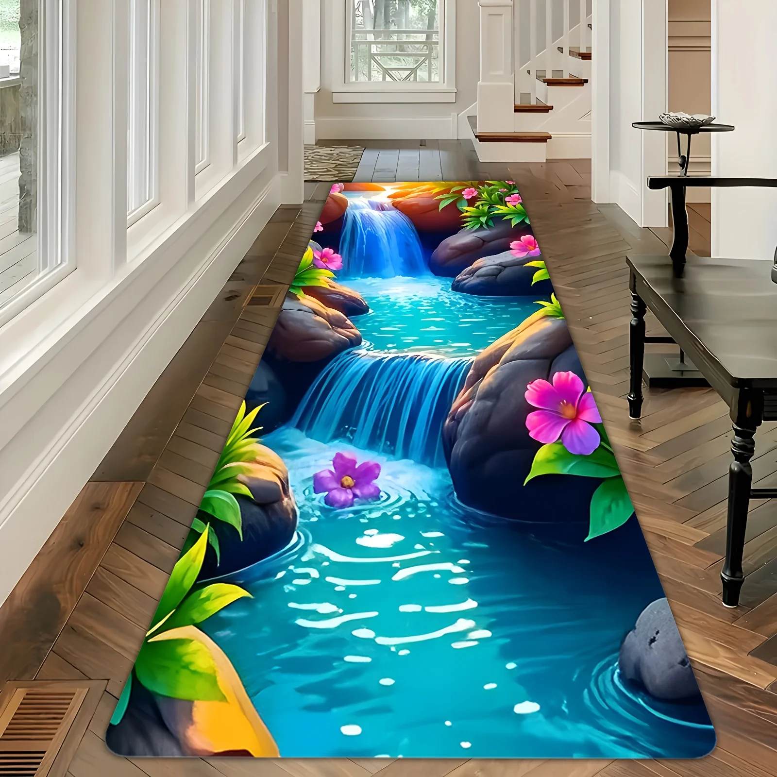 3D Waterfall Flower Print Diatomaceous Earth Kitchen Mat, Non-Slip Oil-Proof Waterproof Stain Resistant Long Floor Rug