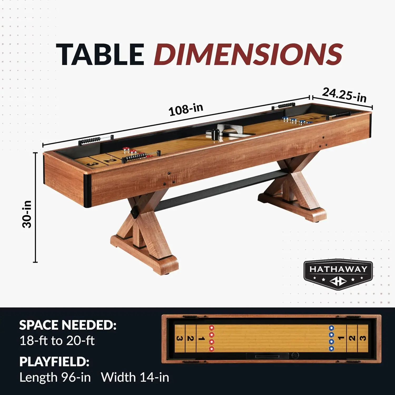 Daulton 9-ft Shuffleboard Table for Family Game Rooms with Padded Sidewalls, Legs Levelers, 8 Pucks, Table Brush and Wax, White