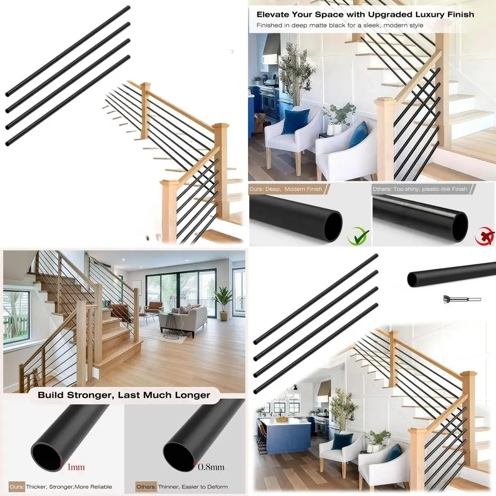 

Набор из 5 штук: 8-ми секционные железные горизонтальные балясины (8T x 5/8), круглые матовые черные полые балясины для внутренних лестниц и коридоров