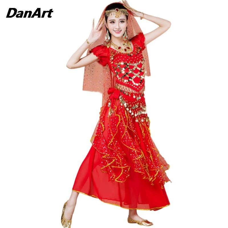 Shining Belly Dance Pendant Coin Ribbon Colorful Skirt Stage Performance Costume Indian Dance Practice Dress Short Sleeve Skirt