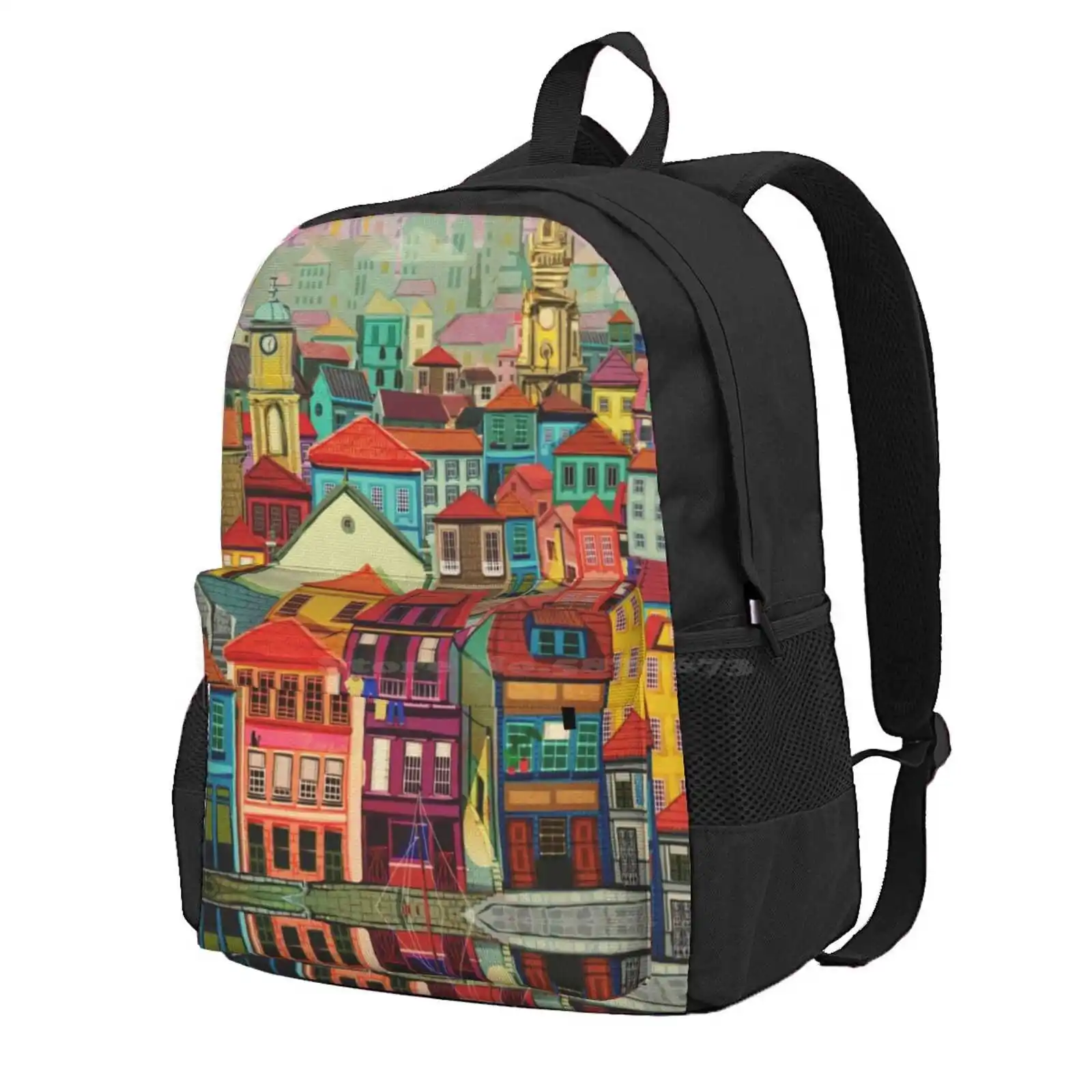 Porto Hot Sale Schoolbag Backpack Fashion Bags Porto Portugal City Landscape Watercolor River