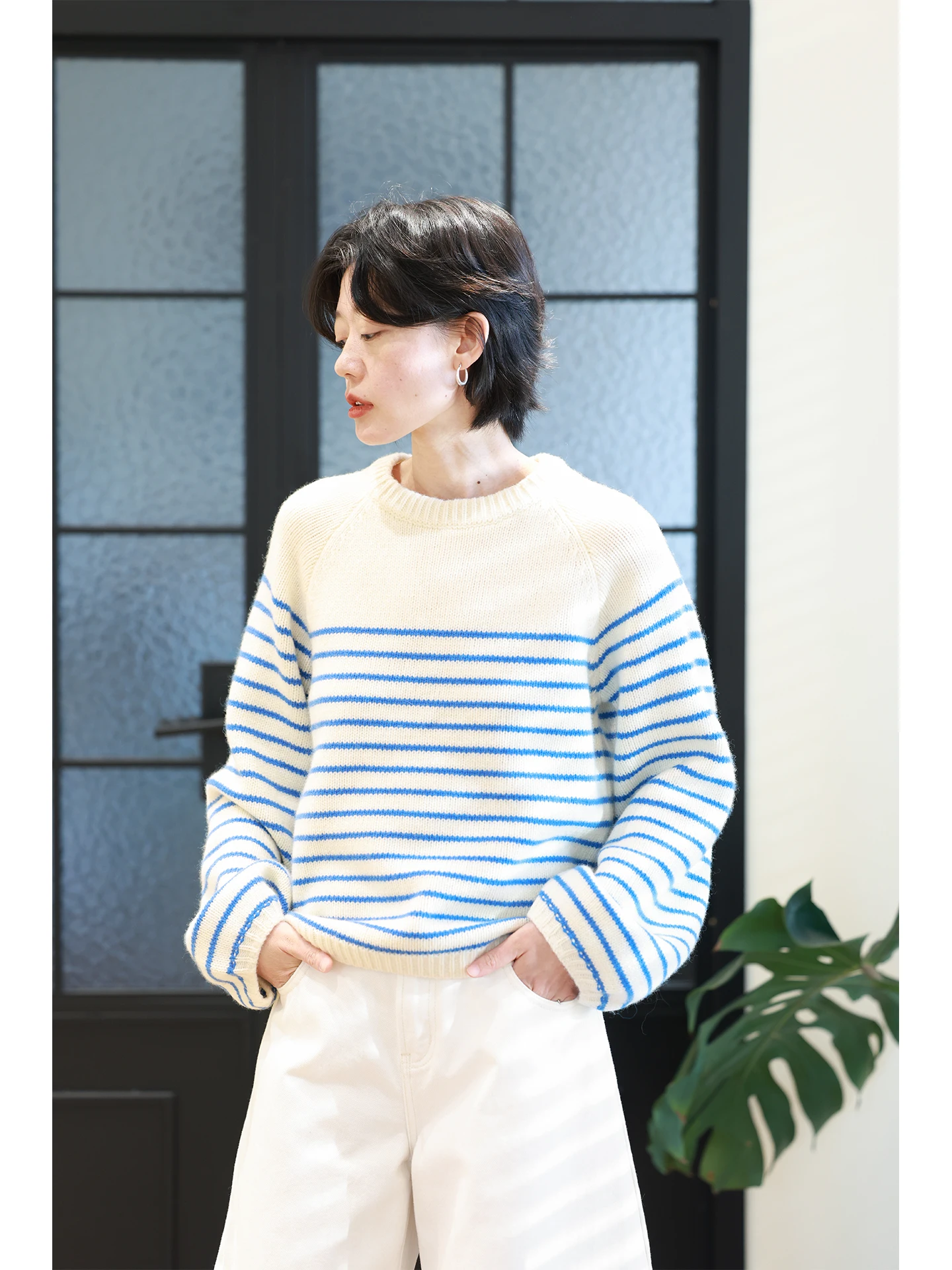 

Женский вязаный свитер из 100% шерсти в темно-синюю полоску, свободного кроя, с рукавами-фонариками, в винтажном стиле, повседневный, с длинными рукавами, комфортный и теплый